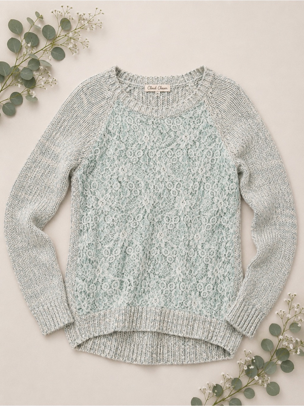 Cloud Chaser Mint Lace Knit Sweater Lightweight Floral Pullover